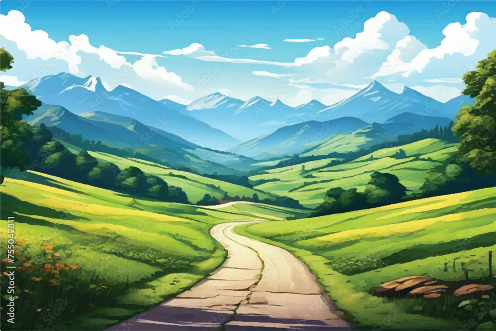 Beautiful road leading to Peaceful mountain area. Road landscape Illustration. Beautiful Landscape showing view of a road leading to hills. Nature Illustration. Beautiful summer field across road.