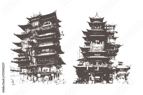 Vintage Chinese temples illustrations. Monocolor chinese buildings illustrations