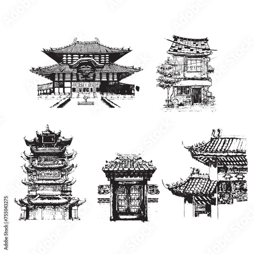 Vintage Chinese temples illustrations. Monocolor chinese buildings illustrations