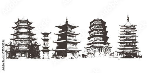 Vintage Chinese temples illustrations. Monocolor chinese buildings illustrations