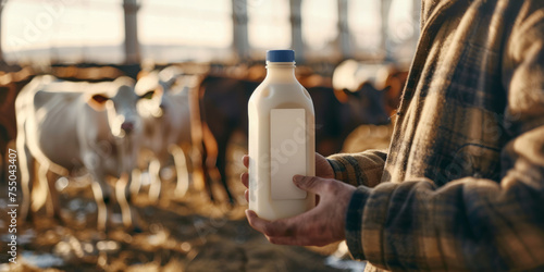 A middle-aged farmer in a plaid shirt holding a milk bottle in a stable with dairy cows in warm sunlight photo
