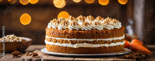 Close up of triple layered carrot cake with cream cheese frosting and sprinkled nuts and cinnamon surrounded by ingredients on wooden table in rustic setting, panoramic horizontal banner