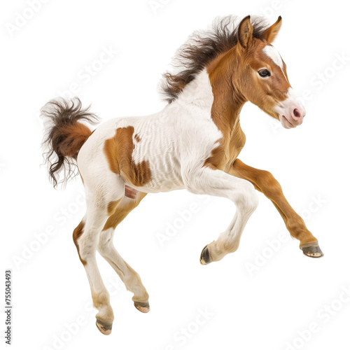 Cute running pinto foal isolated on white or transparent background  png clipart  design element. Easy to place on any other background.