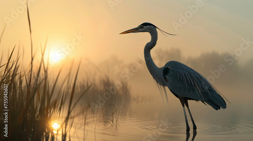 Elegant heron wading in a tranquil marshland © Asad