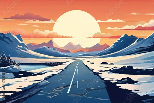 Road through beautiful snowy mountains landscape illustration background. Winter. Road leading to mountains covered with snow. Road. Sunset. Beautiful vector illustration of a winter road. Clouds. 
