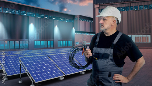 Builder of solar power plant. Man near industrial buildings. Solar generators behind engineer. Eco power station for factory. Man is installing solar generators. Sun traps for manufacture. © Grispb