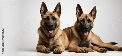 Belgian Shepherd dog Malinois and Labrador Retriever together  lying down and isolated on a white background