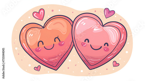 Cute heart emoji. Smiling face icon kawaii concept. Pair of red hearts with wings with cute smile. Cheerful cartoon funny face illustration. Japanese culture symbol anime innocence childishness love