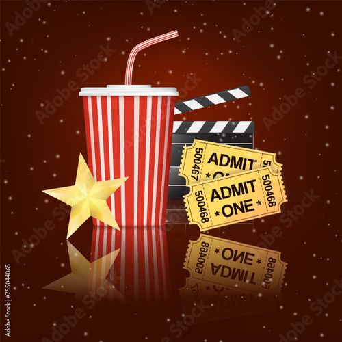cinema illustration with clapper, cola cup, golden star and admission tickets