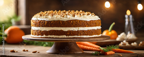 Delicious layered carrot pie with cream cheese frosting and sprinkled nuts surrounded by ingredients on wooden table in rustic setting with blurred background, panoramic horizontal banner