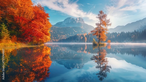 In the serene beauty of autumn, Hintersee lake emerges as a captivating scene. The vibrant hues of the Bavarian Alps, nestled along the Austrian border in Germany, create a picturesque backdrop. © Bahram