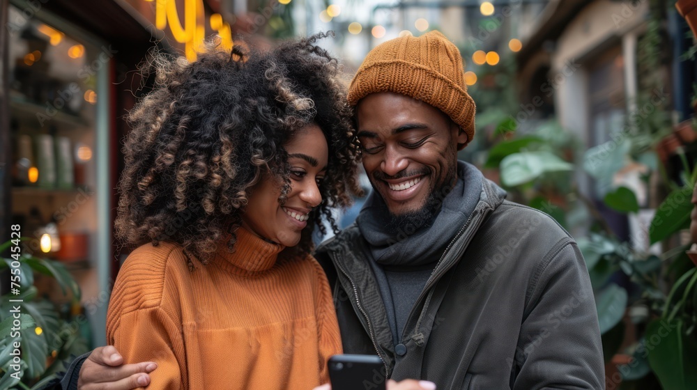 smiling young couple embracing while looking at smartphone multiethnic couple sharing social media  