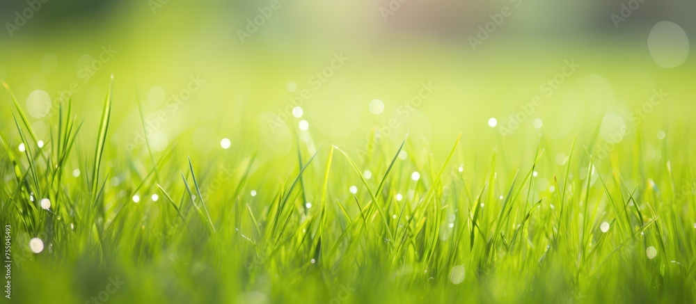 A close up of a lush field of green grass with glistening water droplets, showcasing the beauty of a natural landscape filled with terrestrial plants A close up of a lush field of green grass with glistening water droplets, showcasing the beauty of a natural landscape filled with terrestrial plants