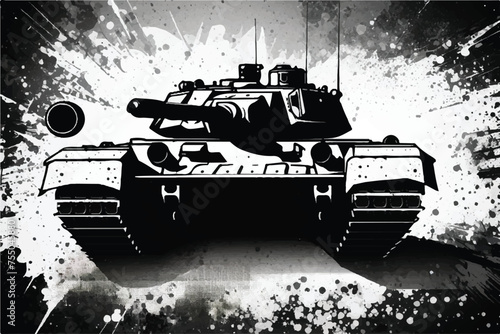 Army tank in black and white Grunge texture background. Tank war army silhouette. War machine tank. Tank logo design. Military army tank vector Illustration. Retro battle tank. Vector illustration. 