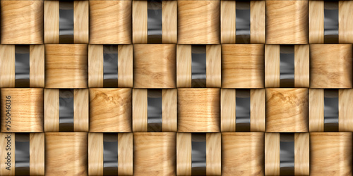 Basketry 3d tiles with black decor. Material wood oak and black plastic. Quality seamless realistic texture and mix Basketry 3d tiles with gold decor. Material wood oak and gold metal. © wallstudio
