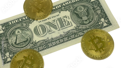 Golden Bitcoin coins arranged around and on top of a one-dollar bill, highlighting the convergence of cryptocurrency and traditional currency in the financial sphere, PNG transparent design settings. photo