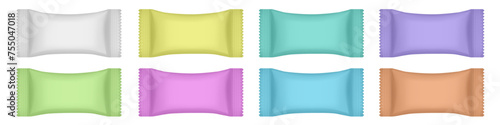 Set of realistic 3d mockups of a flow pack or sachet. Pouch. Lollypop, candy, chocolate bar or ice cream wrapper. Silver foil bag. White, yellow, orange, pink, green, blue and violet packaging