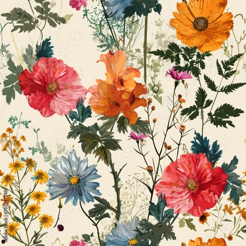 Seamless vintage style decorative flowers pattern background