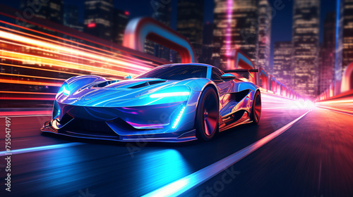 Futuristic Sports Car On Neon Highway © Asad