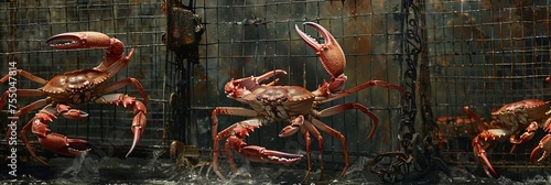 Iron traps cage with Red king crabs in the water, catching crabs from a ship, banner