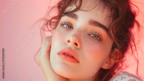 Cute girl enjoying playing with makeup, beautiful, vibrant pastel color palette, close up