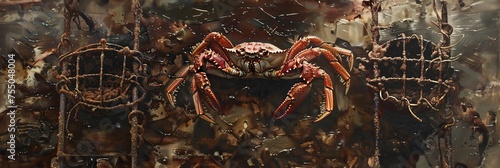 Iron traps cage with Red king crabs in the water, catching crabs from a ship, banner photo