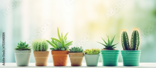 A row of various potted plants sitting neatly arranged on top of a wooden table. The greenery adds a touch of freshness to the indoor space, casting shadows in the soft natural light.