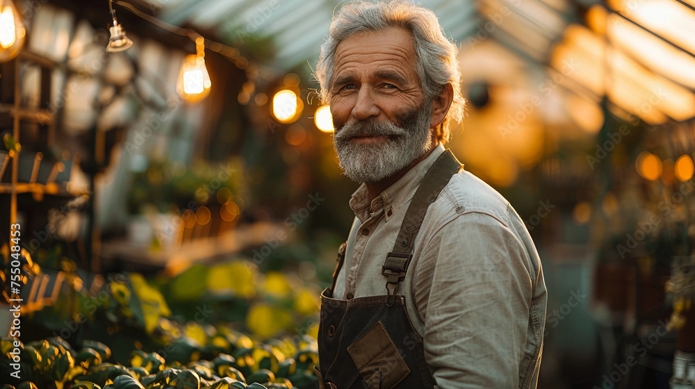 portrait of a grey-haired gardener in a greenhouse with seedlings portrait of a grey-haired gardener in a greenhouse with seedlings
