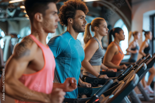 Group of people, men and woman exercising or intense cardio fitness using treadmills in a gym. Generative AI
