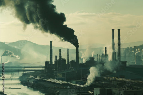 A factory, emitting black smoke and toxic waste, contaminating the air and water. © mila103