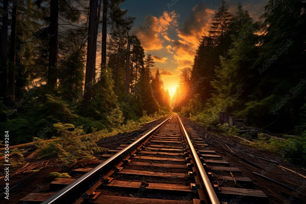 Naklejka premium Sun-drenched Railroad forest train sunlight. Industry travel. Generate Ai