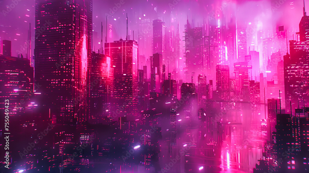 Urban Night View with Neon Illuminated Buildings and Skyline, Concept of Modern City Life and Future Technology