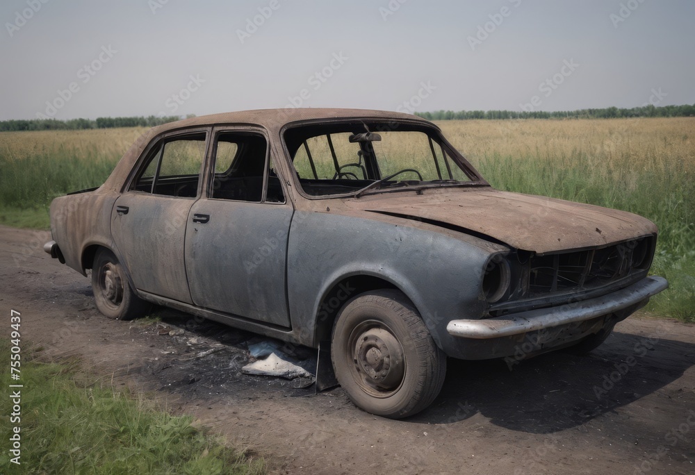 A burnt-out car. Car old burned by fire. Fire burned car.