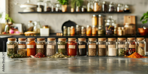 A collection of assorted spices in labeled jars presented on a home kitchen countertop with various spice containers in the background