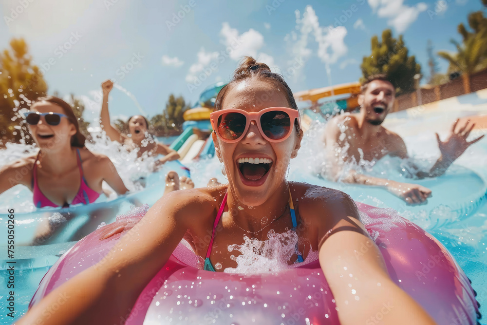A group of friends having fun at a water park, sliding down a giant tube and splashing into a pool.