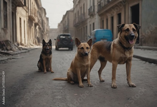 A gang of stray dogs.Half-a-dozen stray street dogs roaming in a residential area.Homeless dog on the street of the old city.Homeless animal problem