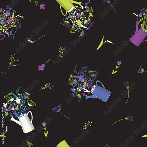Print with watering can and flowers