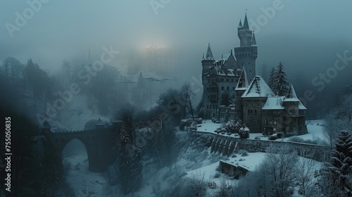 Misty Winter Castle in Twilight, serene winter twilight descends on a majestic castle, shrouded in mist and cloaked in snow, evoking a sense of mystery and timeless elegance
