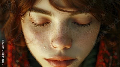 Contemplative Beauty in 3D Art, hyper-realistic 3D rendering of a woman with closed eyes, capturing intricate details like freckles and eyelashes, set against a soft-focus background of warm colors