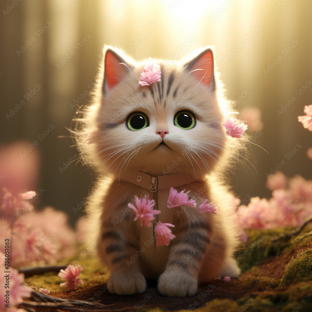 Adorable Kitten with Cherry Blossoms in Sunlit Scene

