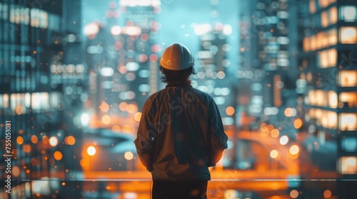 Engineer Overlooking Cityscape  contemplative engineer in a hard hat stands against the backdrop of a glowing cityscape at twilight  immersed in thoughts