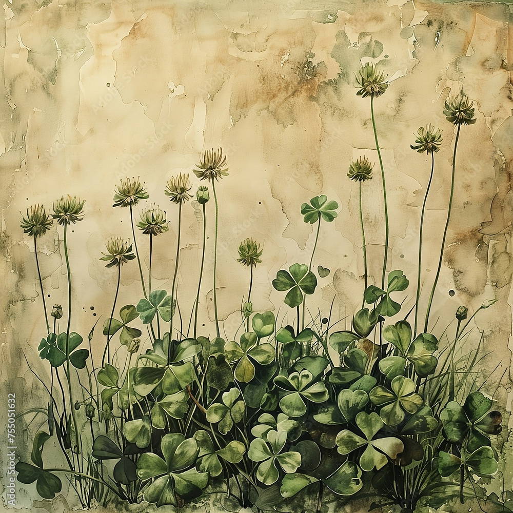 Naklejka premium design, floral, papier, abbildung, kunst, blume, kleeblatt, grün, hintergrund beige, dekor, design, floral, paper, illustration, art, flower, shamrock, green, background beige, décor