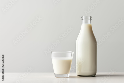 Bottle and glass of milk on dark surface, light backdrop. Concept for health campaigns or dairy advertising. photo