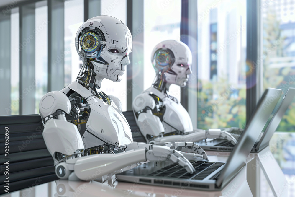 Robots working on laptop. AI usage in work place. High quality photo Robots working on laptop. AI usage in work place. High quality photo