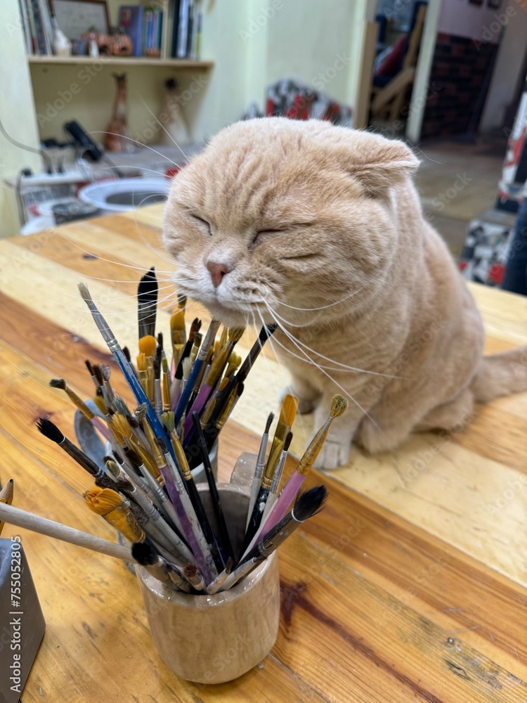 Obraz premium a cat sitting on a wooden table by a bunch of brushes