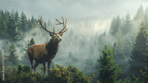 Noble stag standing proudly amidst a misty forest © Asad