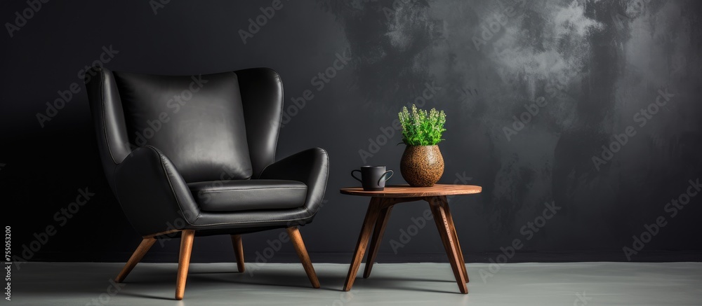 © Lasvu - A cosy armchair and a minimalistic coffee table are placed against a black wall. On the table, there is a potted plant, creating a simple and elegant interior design.