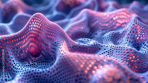 Close up of a futuristic porous material. Soft neon colors.
