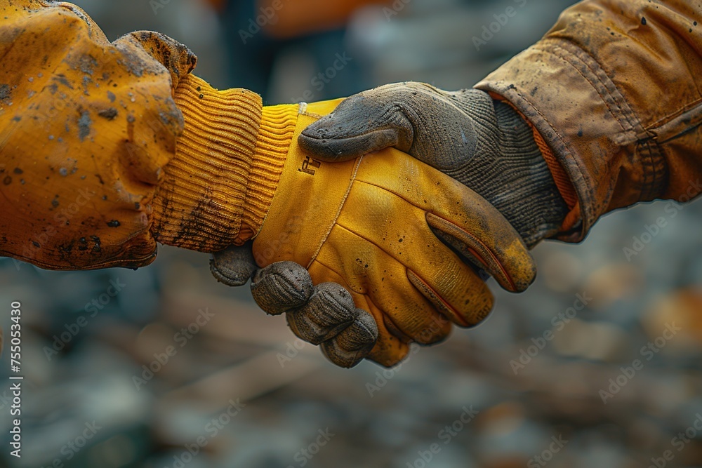 Hand with glove handshake with businessman.
Architect and building engineer handshake close up Hand with glove handshake with businessman.
Architect and building engineer handshake close up