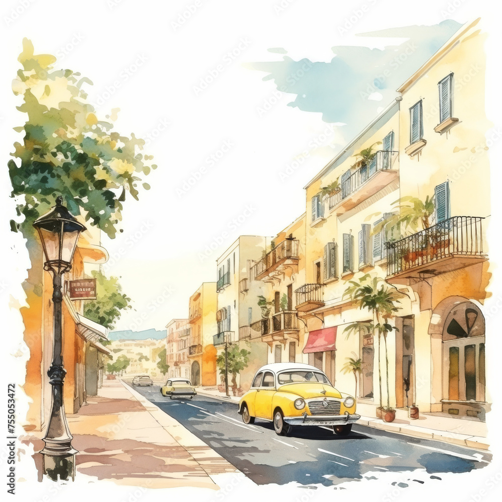 Watercolor Illustration of a Sunny Mediterranean Street Scene with Vintage Car

